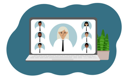 Online webinar or online training. Laptop with the image of online communication of men and women. vector flat illustrationのイラスト素材