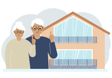 Wife and husband buy a house, thumbs up approvingly. Family, mortgage, real estate concept for banner, website design. Vector flat illustrationのイラスト素材