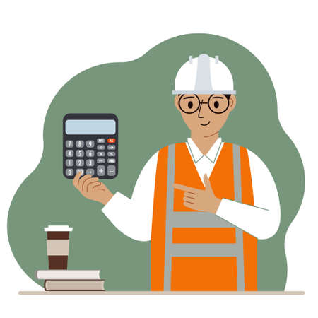 Male engineer in a white construction helmet and orange vest with a calculator. Vector flat illustrationのイラスト素材