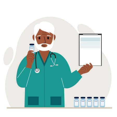The concept of vaccination. The doctor is holding a vaccine and a document. Delivery of the vaccine. Social media campaign concept, flyer. Vector flat illustrationのイラスト素材
