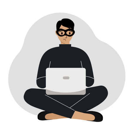 Hacker in a black mask with a computer. The cybercriminal is holding a laptop. Cyber attack, mobile phishing, scam.のイラスト素材
