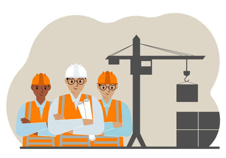 A team of engineers near a construction crane. A team of builders holding blueprints near construction equipment. Vector flat illustrationのイラスト素材