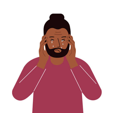 Upset man cries and holds his head with his hands. The concept of resentment, pain and depression. vector flat illustrationのイラスト素材