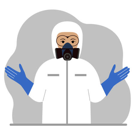 A man in a white radiation protective suit and a helmet with a respirator, chemical or biological safety uniform. Vectorのイラスト素材