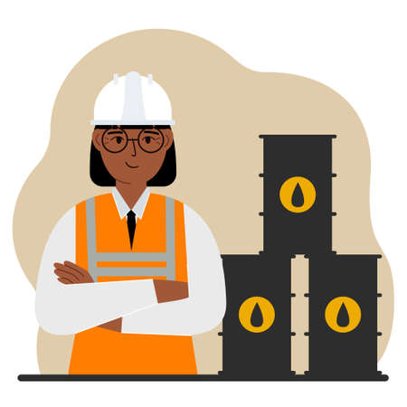 Oil barrels and a smiling oilwoman. Oil industry and worker or engineer in special clothes and helmet. vector flat illustrationのイラスト素材