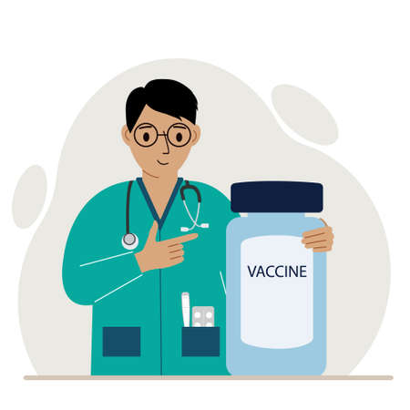 Smiling male doctor next to a jar of vaccine. Pandemic. Vector flat illustrationのイラスト素材