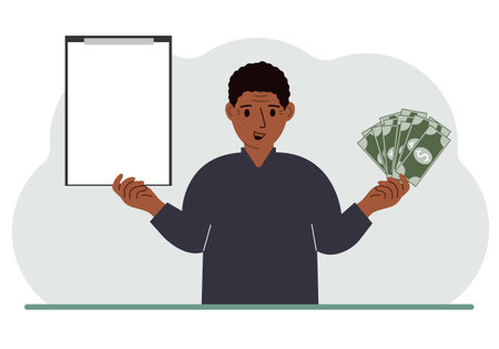 A man holds a lot of paper money in one hand and in the other a clipboard empty for text. Concept for advertising banner or poster of earning or saving money. Vector flat illustrationのイラスト素材