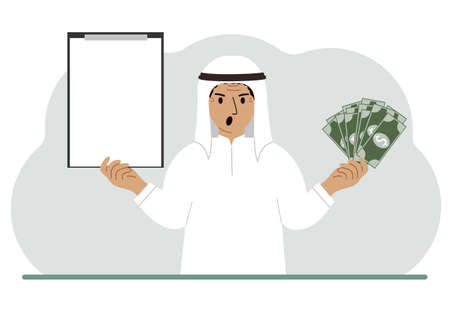 A muslim man holds a lot of paper money in one hand and in the other a clipboard empty for text. Concept for advertising banner or poster of earning or saving money. vector flat illustrationのイラスト素材