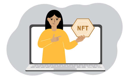 NFT concept. A laptop in which a woman with the image of NFT in the palm of his hand. Auction of non-fungible tokens, markets, online education. Vector flat illustrationのイラスト素材
