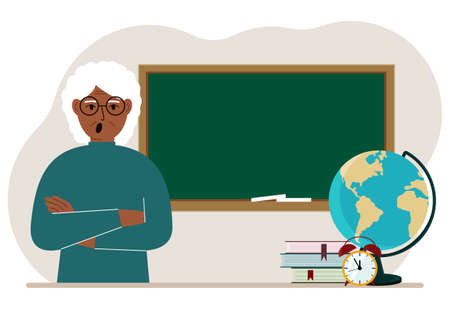 Old female teacher near the blackboard. The concept of education, teaching, teacher's day. vector flat illustrationのイラスト素材