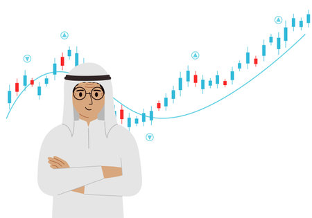 A arab man on the background of a Forex chart. Conceptual illustration on the topic of strategic planning in trading on the stock exchange. Vector flat illustrationのイラスト素材
