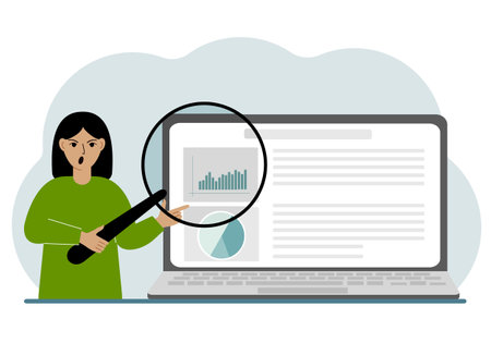 A woman shows a report, a presentation on a laptop with a magnifying glass vector illustration. Financial business analysis, audit, planning concept. Vector flat illustrationのイラスト素材