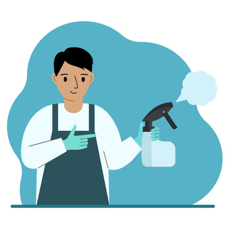 A man in gloves holds a spray bottle with disinfectant liquid, antiseptic or detergent. Home disinfection and hygiene.のイラスト素材