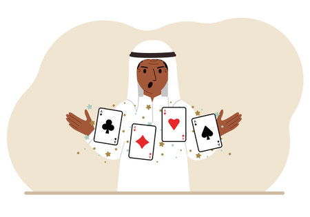 Man holding playing cards cards. Playing combination of 4 aces or four of a kind. Vector flat...