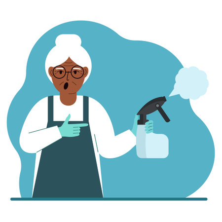 A woman in gloves holds a spray bottle with disinfectant liquid, antiseptic or detergent. Home disinfection and hygiene. Vector flat illustration.のイラスト素材