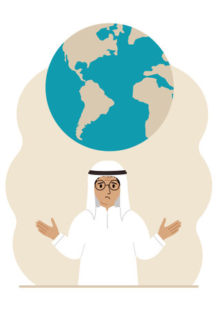 The man spread his arms and the planet Earth is above his head. Earth day holiday concept, saving the planet, saving energy, global warming or climate change. Vector flat illustration.のイラスト素材