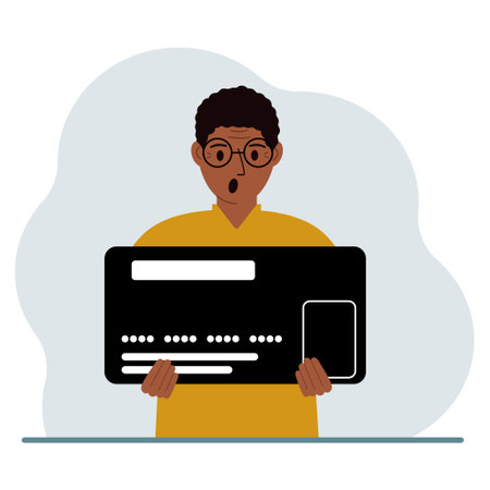 A man holds a large credit card in his hands. Vector flat illustrationのイラスト素材