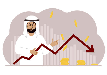 The man is holding an arrow pointing down. The concept of problems in business, problems in the management of a company or a drop in income in a business. Vector flat illustrationのイラスト素材