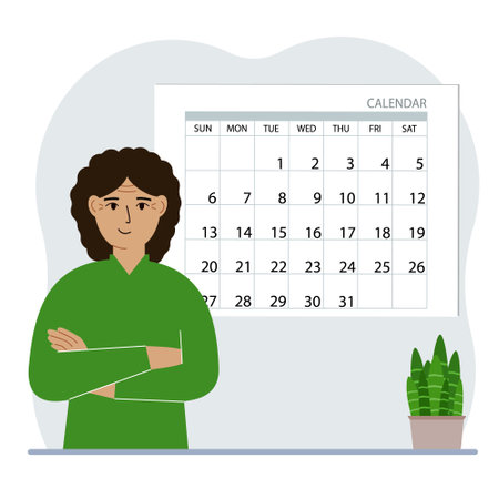 A woman plans his schedule, meetings for a month, holidays, weekends and important dates. Time management and optimization. Big calendar and a woman. Vector flat illustrationのイラスト素材