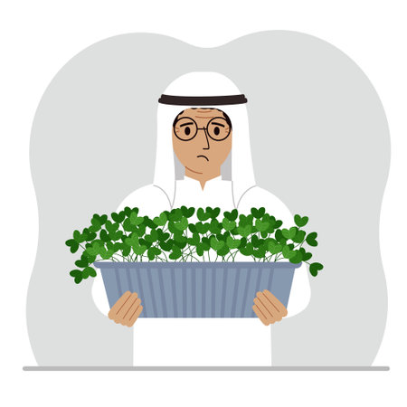 A man holds a pot with a houseplant in his hands. Hobby is growing plants and flowers. Vector flat illustrationのイラスト素材