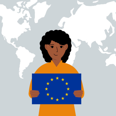 A woman holds the flag of the European Union in his hands against the background of a world map....
