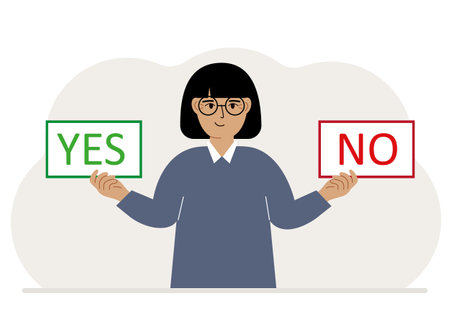A woman holds two banners Yes and No in his hands. Test question. Indecisive choice, argument, opposition, choice, dilemma, opponent's view. Vector flat illustrationのイラスト素材