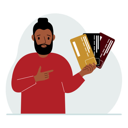 A man with several plastic cards. The concept of multiple loans, the burden of credit cards and banking fees over a lifetime. Vector flat illustrationのイラスト素材