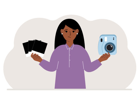 A woman holds a camera in one hand and frames in the other. Vector flat illustrationのイラスト素材