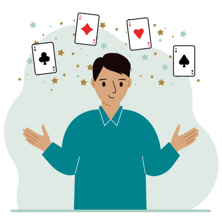 Man holding playing cards cards. Playing combination of 4 aces or four of a kind. Vector flat illustrationのイラスト素材