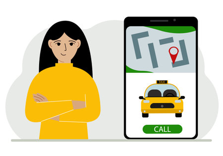 A woman next to a large smartphone on the screen which has a taxi and geolocation. The concept of a mobile taxi application or ordering a taxi online. Vector flat illustrationのイラスト素材