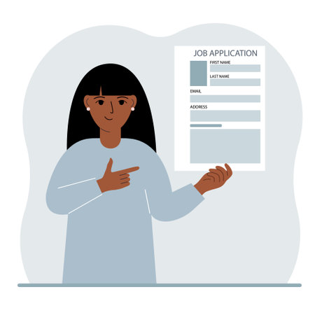 The unemployed man is holding a resume. Candidate with resume. The woman is looking for a job. Paper sheet with avatar and skills. Labor market, unemployment problem. Vector flat illustrationのイラスト素材