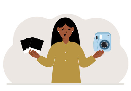 A woman holds a camera in one hand and frames in the other. Vector flat illustrationのイラスト素材