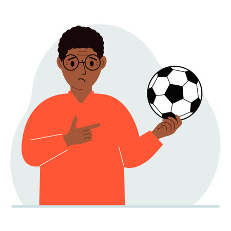 A man holds a soccer ball in his hand. The concept of a player, fan or coach. Vector flat illustrationのイラスト素材