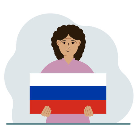 A woman holds a Russian flag in his hands. The concept of demonstration, national holiday or patriotism. nationality. vector flat illustrationのイラスト素材