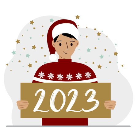 A man in a red sweater and with a cap holds a sign or poster with the numbers 2023. Postcard or greeting Merry Christmas and Happy New Year. Vector flat illustrationのイラスト素材