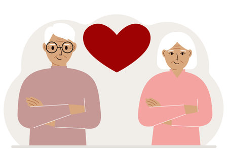 Happy old man and old woman next to a big red heart. Vector flat illustration of love.のイラスト素材