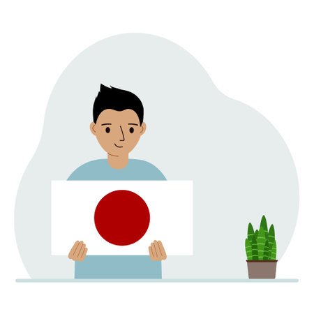 A little boy holds the flag of Japan in his hands. The concept of demonstration, national holiday or patriotism. Nationality. Vector flat illustrationのイラスト素材