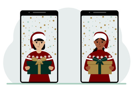A woman and a man meet online via video conference on mobile phones to discuss Christmas and New Year holidays and gifts virtually. vector flat illustrationのイラスト素材