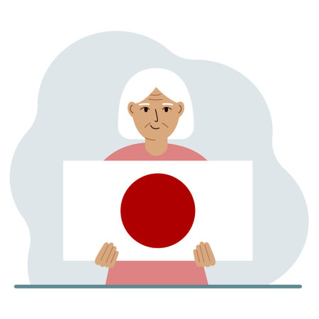 A old woman holds the flag of Japan in his hands. The concept of demonstration, national holiday or patriotism. nationality. vector flat illustrationのイラスト素材