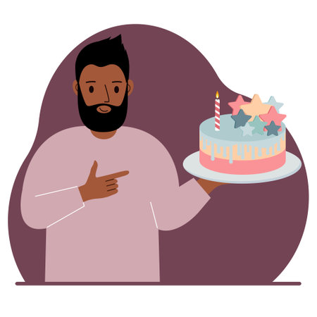 A man celebrates a birthday or some event. A man with a birthday cake with a candle. Vector flat illustrationのイラスト素材