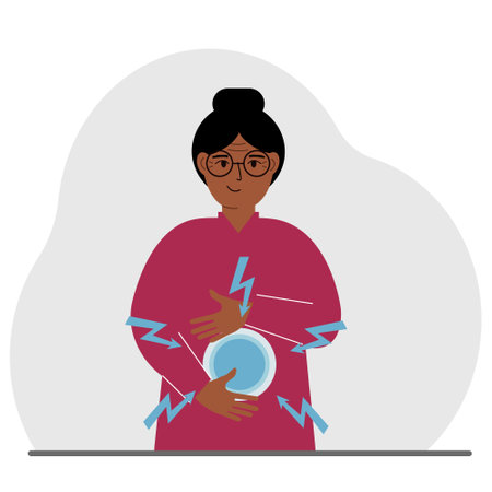 Healthy intestines or stomach. The woman keeps his hands on his stomach. Vector flat illustration.のイラスト素材