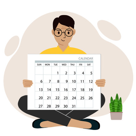 A man sits cross-legged and holds a large calendar glider in his hands. Concept of planning, make plans, schedule, event. Vector flat illustrationのイラスト素材