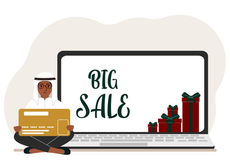 Online shopping. Big sale. A man sits cross-legged in his hands holding a shopping card. Next to a laptop with gifts. Vector flat illustrationのイラスト素材
