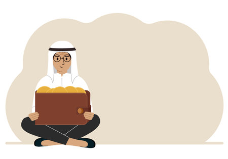 A man sits cross-legged and holds a large purse of coins. The concept of a savings wallet, a successful loan, golden earnings with metal money in the currency.のイラスト素材