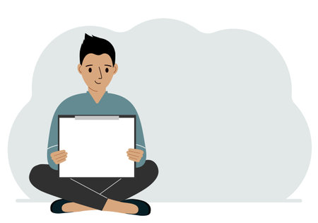 A man sits crossing his legs and holds a clipboard with a white read sheet for the text in his hands. Vector Flat Illustrationのイラスト素材