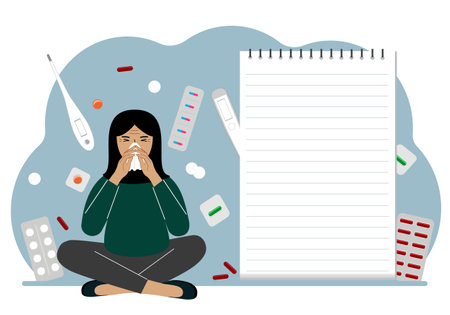A sick woman with a runny nose holds a handkerchief. Nearby there are a lot of medicines, pills, thermometers and a large notebook for notes. Vector flat illustrationのイラスト素材