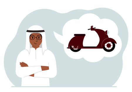 A man dreams or thinks about a scooter or motorcycle. His thoughts are in an air bubble. The concept of a dream, purchase, loan or investment. Vector flat illustration.のイラスト素材