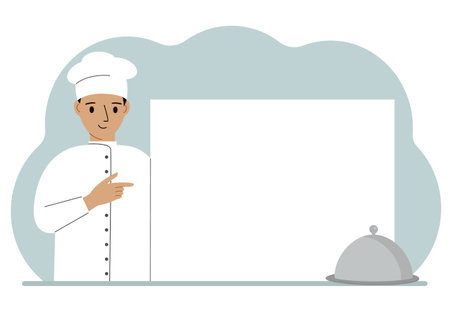 A male cook in uniform and a cap holds a large sheet of paper. Concept for menu, recipe book, blank cookbook or records.のイラスト素材