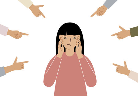 The concept of public condemnation, victim blaming and bullying. Crying depressed woman. The fingers point at the character and hate him. Internet cyberbullying.のイラスト素材