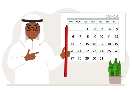 A man with a pencil in his hand creates a calendar. Planning and time management, responsible employee plans meetings and events. Vector flat illustrationのイラスト素材